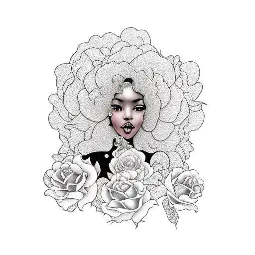 Black Girl Side Profile With Big Curly Hair Surrounded With Roses And A Clock On Leg