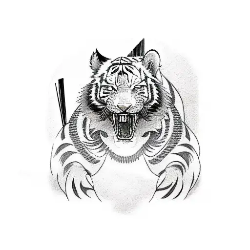 A Sketch-style Tattoo Of A Barber's Chair With A White Tiger Sitting On It