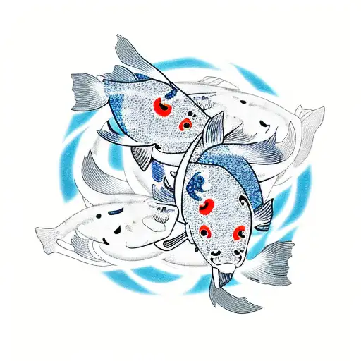 Two Koi Fish In A Circle With Waves And Flowers Surrounding