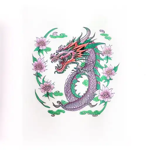 Dragon With Spring Flowers And A Sun