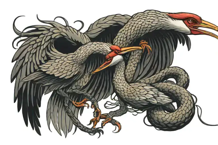Two Japanese Cranes Fighting A Snake Intertwined