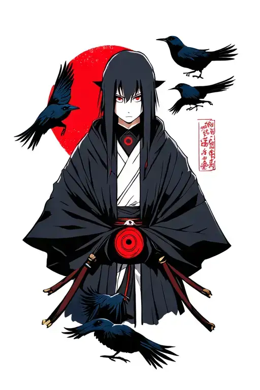 Itachi Uchiha With Sharingan Eyes Wearing Akatsuki Cloak Fading Into Crows