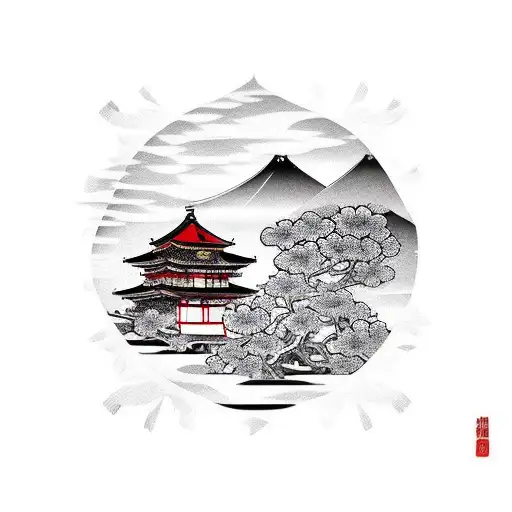 Samurai And Japanese House And Cherry Flower