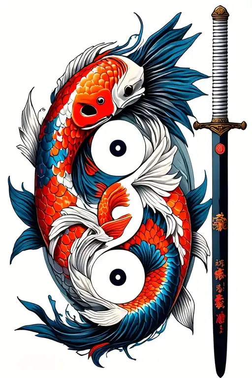 Katana With Yin And Yang Koi Fish Japanese Oni Mask