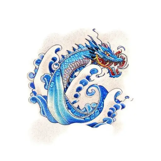 Japanese Wave With A Blue Dragon Slowly Transitioning Into The Wave With Lotus's