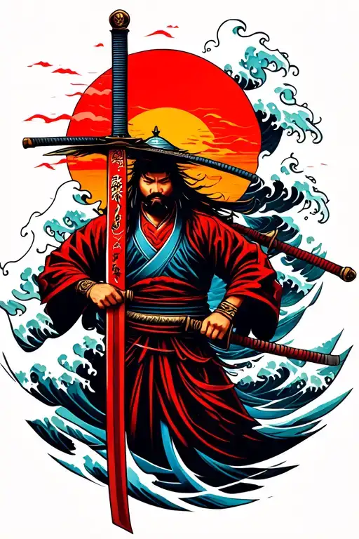 Samurai Warrior Sword Waves Crashing In The Background