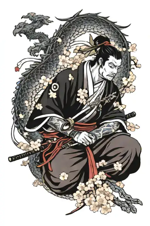 Samurai With Cherry Blossom Tree And Dragon Wrapped
