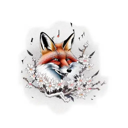 A Fox Surrounded By Japanese Cherry Blossoms And Musical Symbols In A New-school Style
