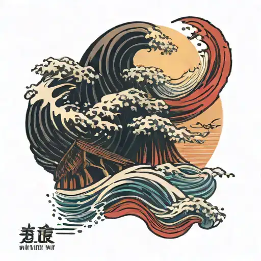 Wooden Pier With Japanese Waves And Red Rays As Sunset