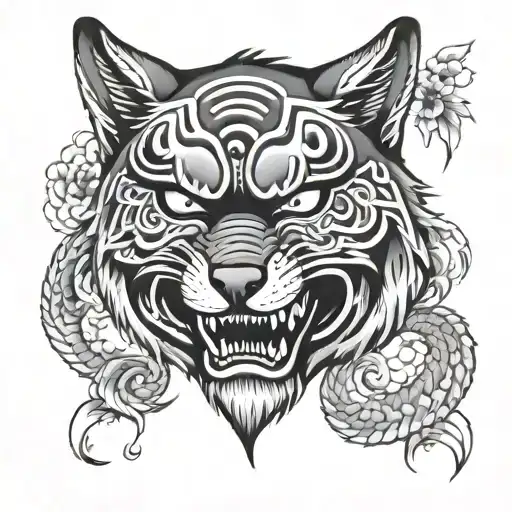 Black And White Chest Tattoo Traditional Japanese Mask Of A Wolf Tattoo