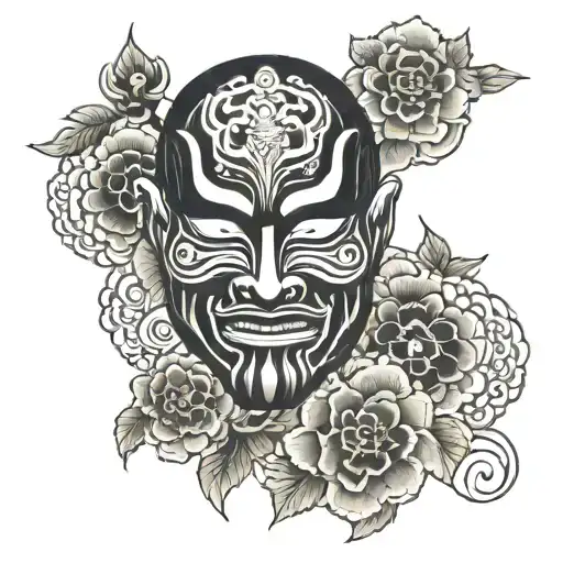 Chest Tattoo In Black And White Traditional Japanese Mask