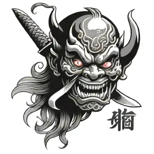 Half Oni Mask On Fire With Sword In Mouth