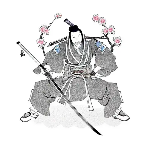 Samurai With Katana In Cherryblossom