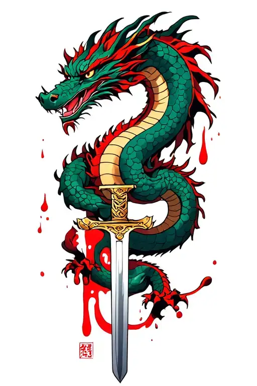 Dragon Wrapped Around Sword And Bleeding Everywhere It Touches