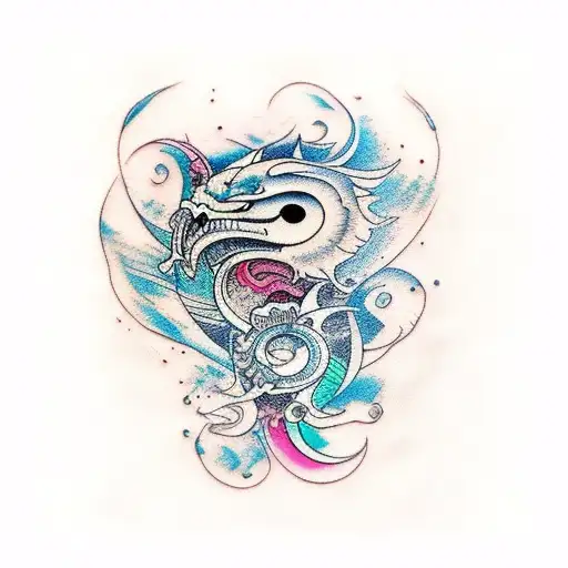 Arm Abstract Coloured Tattoo With Thin And Also Thick Lines