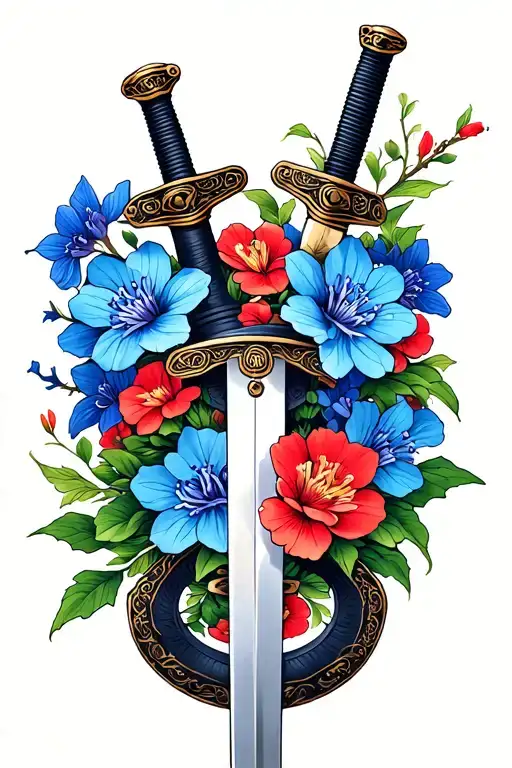 Samurai Sword Wrapped In Larkspur Flowers Intertwined