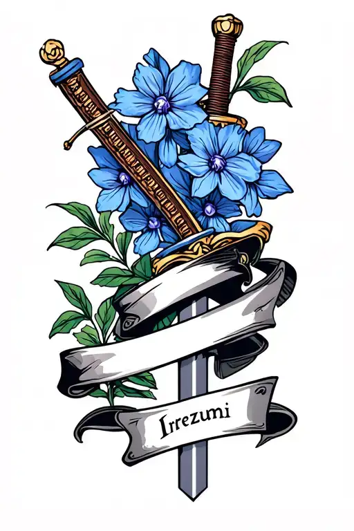 Single Samurai Sword Wrapped In Larkspur Flowers Intertwined With Name Banner
