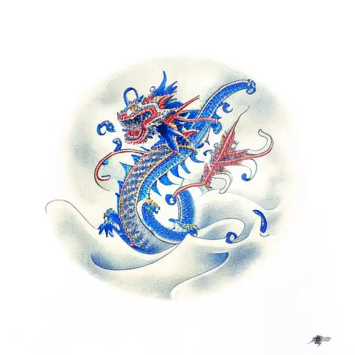 A Japanese Style Dragon Suronded By Three Blue Spider Lillies