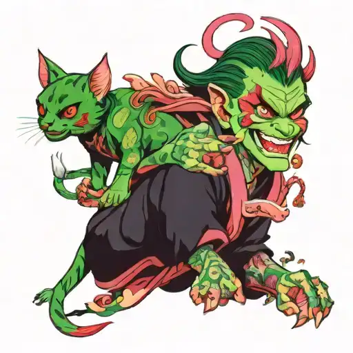 Green Haired Male Demon Smiling Wickedly While Holding A Pink Female Kitten