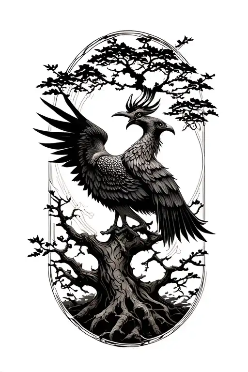 Phoenix Bird With Open Wings Standing In The Tree Of Life