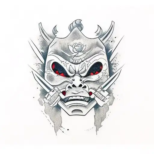 A Womens Face Inside A Broken Oni Mask And Hand Holding Heart With Knife And Blood