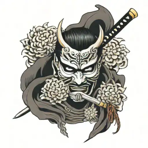 Samurai Mask With Katana Intertwined In Chrysanthemums