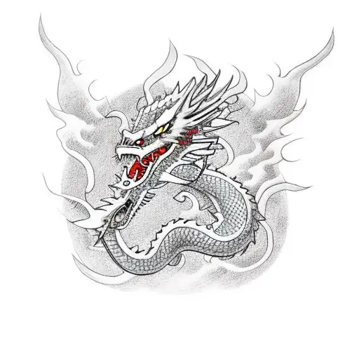 White Dragon With Samurai And Fire
