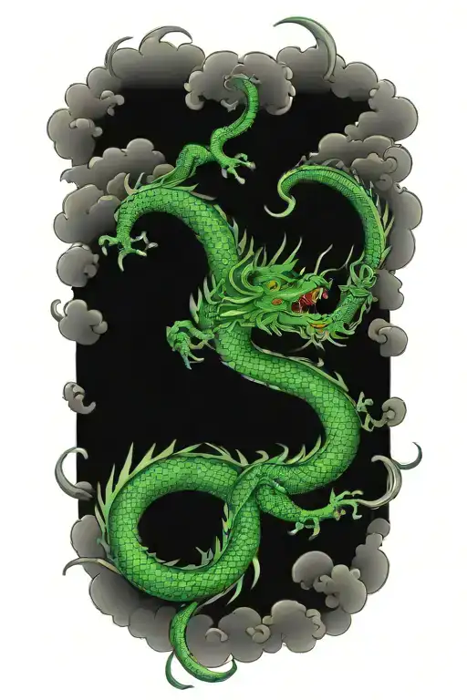 Green Dragon And Japanese Clouds