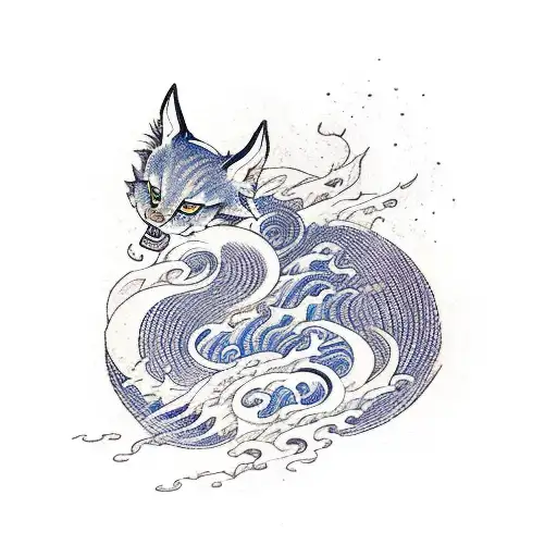 A Fierce Kitsune Emerging From The Ocean Waves