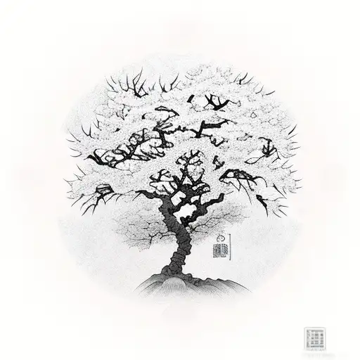 A Realistic Depiction Of A Sakura Blossom Tree With A Hidden Fox Silhouette