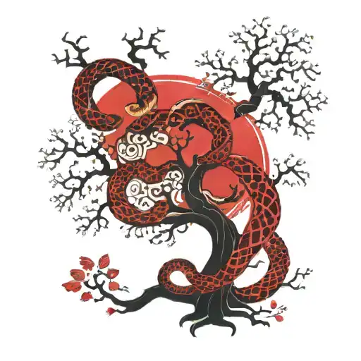 Nordic Tree Of Life With A Snake Eating Its Tail In Red And Black