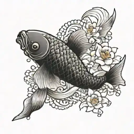 Black Koi Fish Swimming Upstream Surrounded By Flowers Femininity