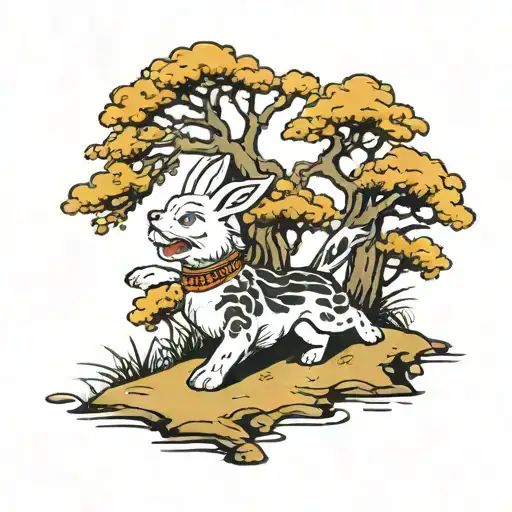 Dog Chasing Rabbit Around A Tree