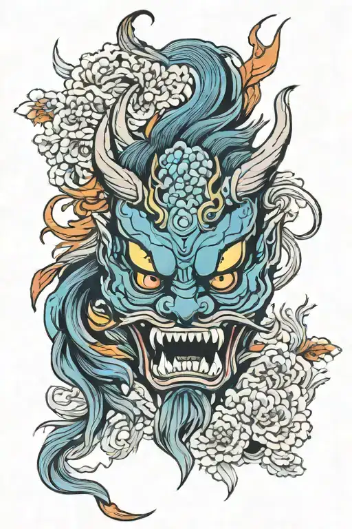 Oni Mask And Phoenix Rising Bright Color