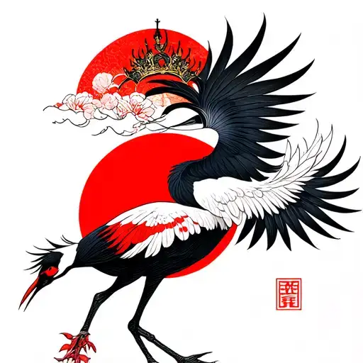 Red Crown Crane With Red Sun Moon