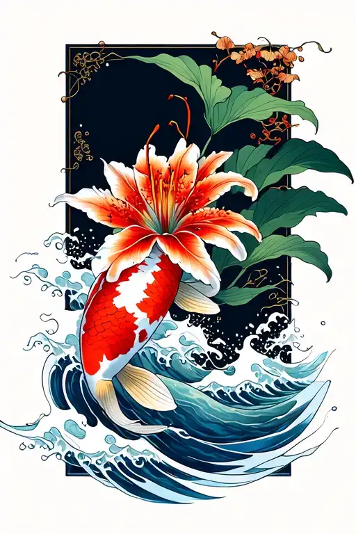 Oriental Red Spider Lily Koi Waves Crashing