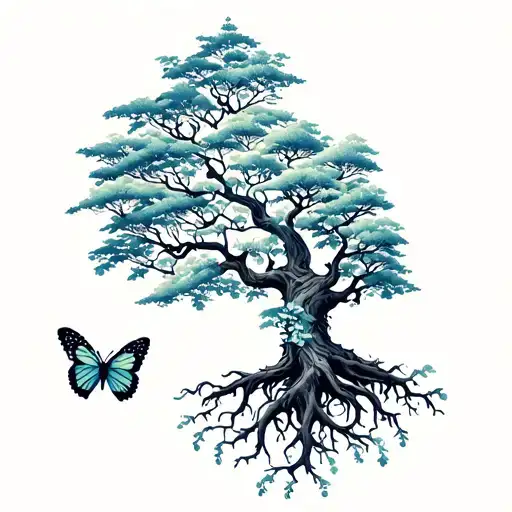 Tree Of Life Half Living And Half Dead With Roots With Butterfly