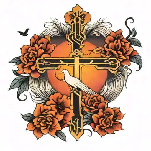 Cross With Sunset And Doves