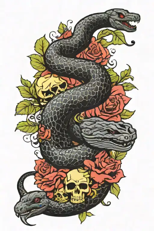 Black Mamba Snake With Skulls And Roses