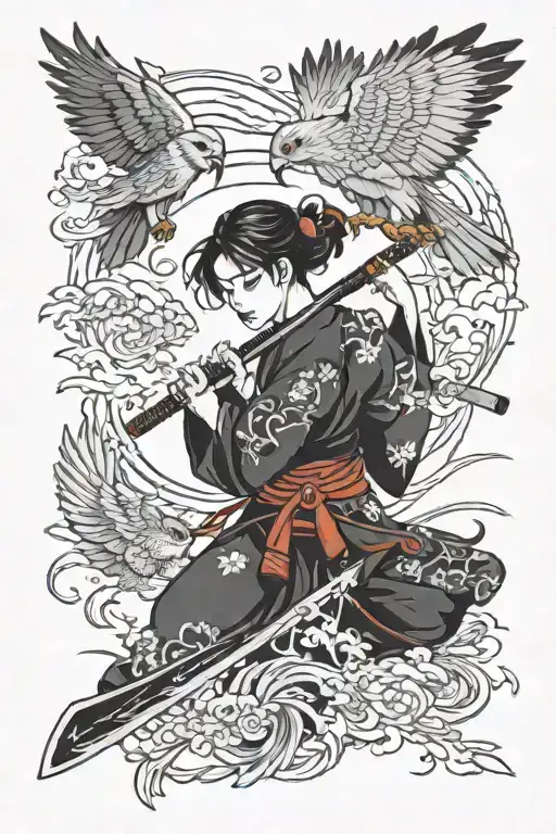 Japanese Girl With Katana Surrounded By Falcon Spreading Wings And A Boy Below