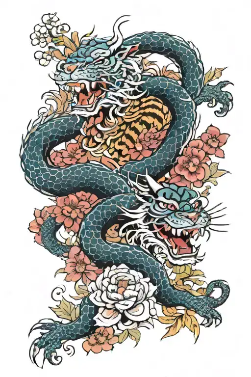 Dragon And Tiger With Flowers