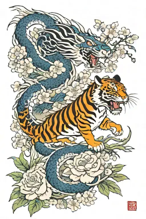 Dragon And Tiger Fighting With Flowers