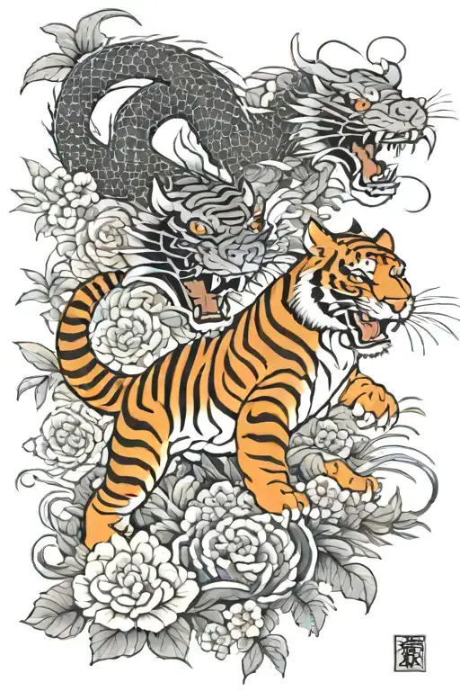 Dragon And Tiger Fighting With Flowers