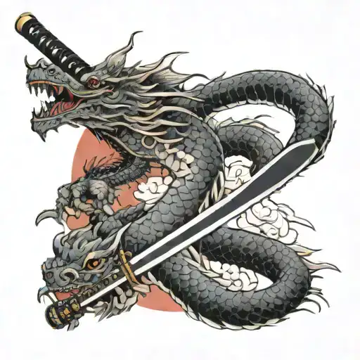 Katana With Sakura In The Background And An Enveloping Dragon Around The Katana