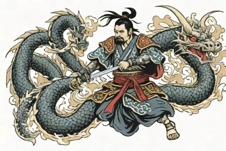 Japanese Samurai Warrior That Has An Air Aura Battling A Dragon Breathing Fire