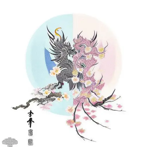 Samurai And Phoenix With Cherry Blossom Tree