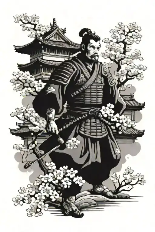 A Samurai Warrior In Black And Grey With A Cherry Blossom Tree And Pagoda Temple In Background