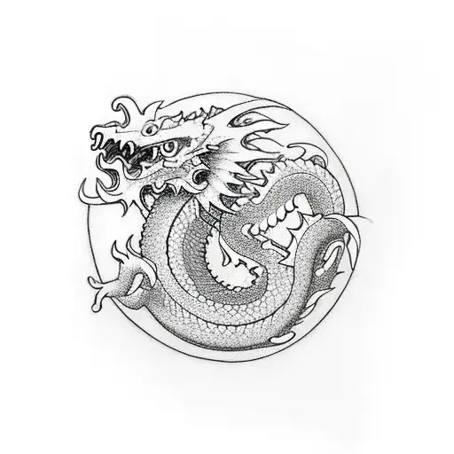Japanese Dragon Realistic With Lotus Flowers