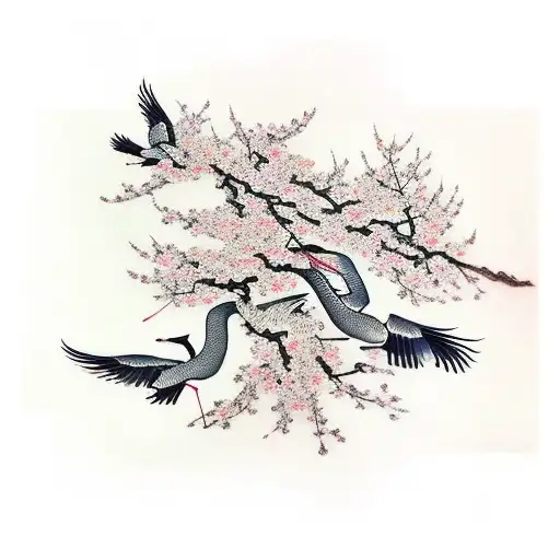 Cranes Flying Around Cherry Blossom Tree