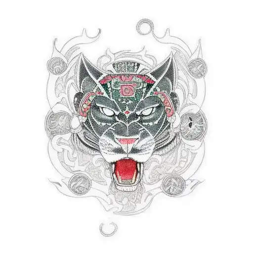 Oriental Style Panther Mixed With Aztec Styles